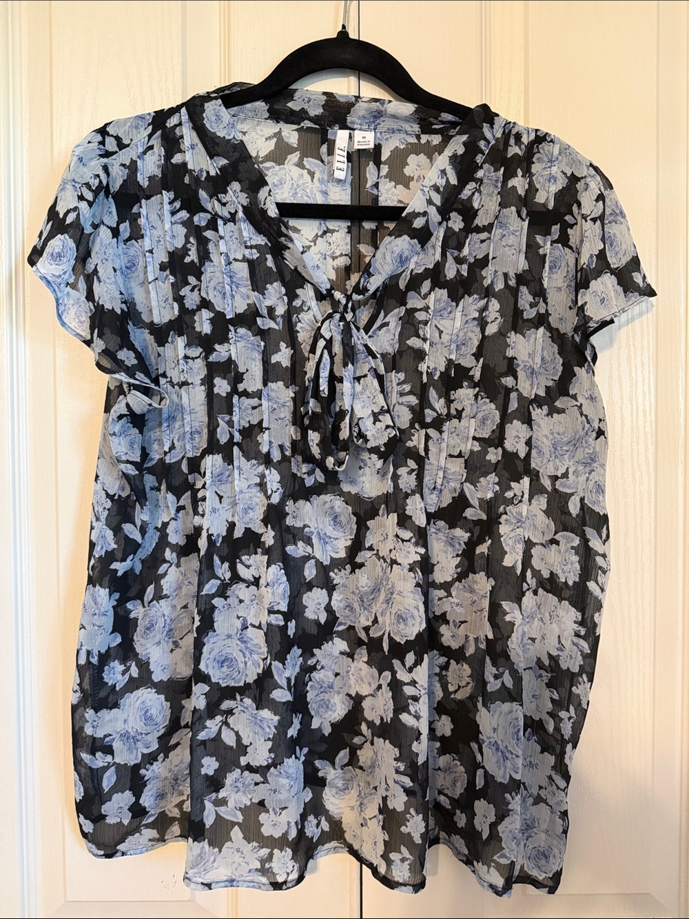 Elle Black Blouse with Pale Blue Floral Tie Neck